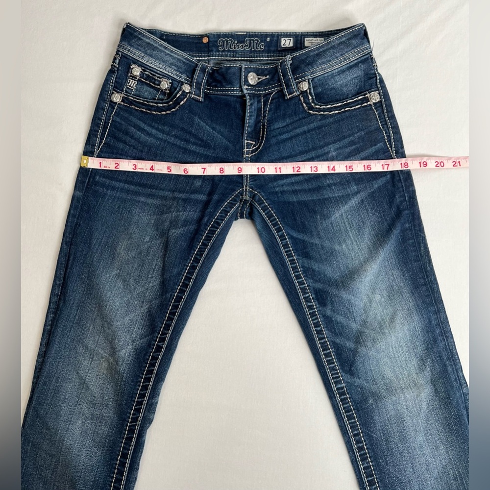 Miss Me  Low Rise Dark Wash Rhinestone Faux Flap Pocket Jean Sze 27 (30X28.5) - Picture 5 of 10